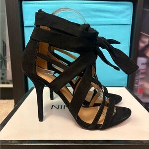 Nine West Black Suede Strappy Wrap Sandals Heels BNIB Size 6.5